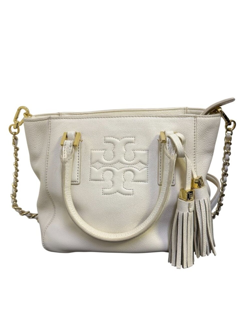 Tory Burch Ivory Leather Shoulder Bag With Gold Chain Strap & Tassel Details